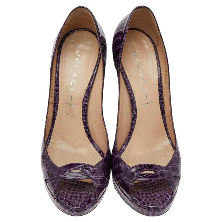 Pre Owned Casadei Purple Croc Embossed Patent Leather Peep Toe Pumps Size 38