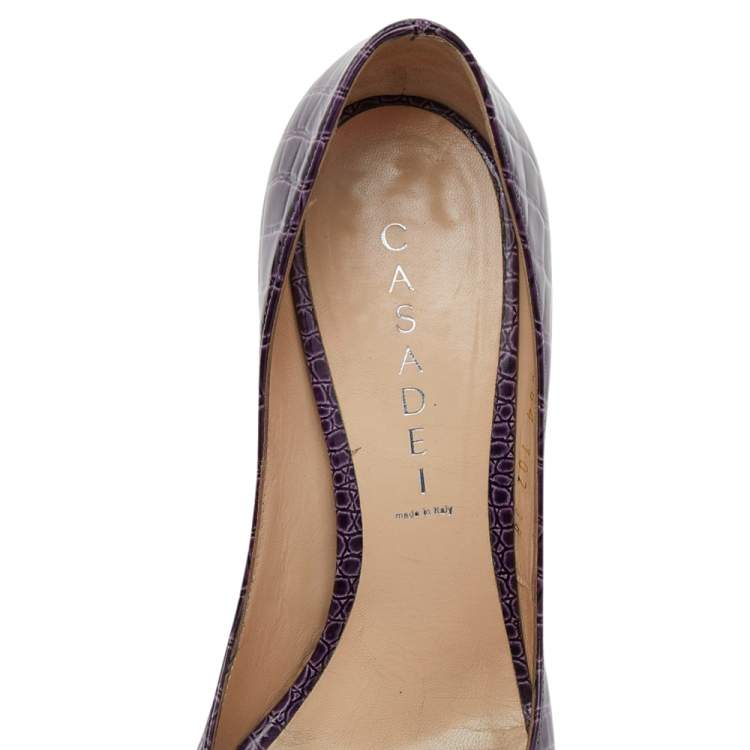Pre Owned Casadei Purple Croc Embossed Patent Leather Peep Toe Pumps Size 38