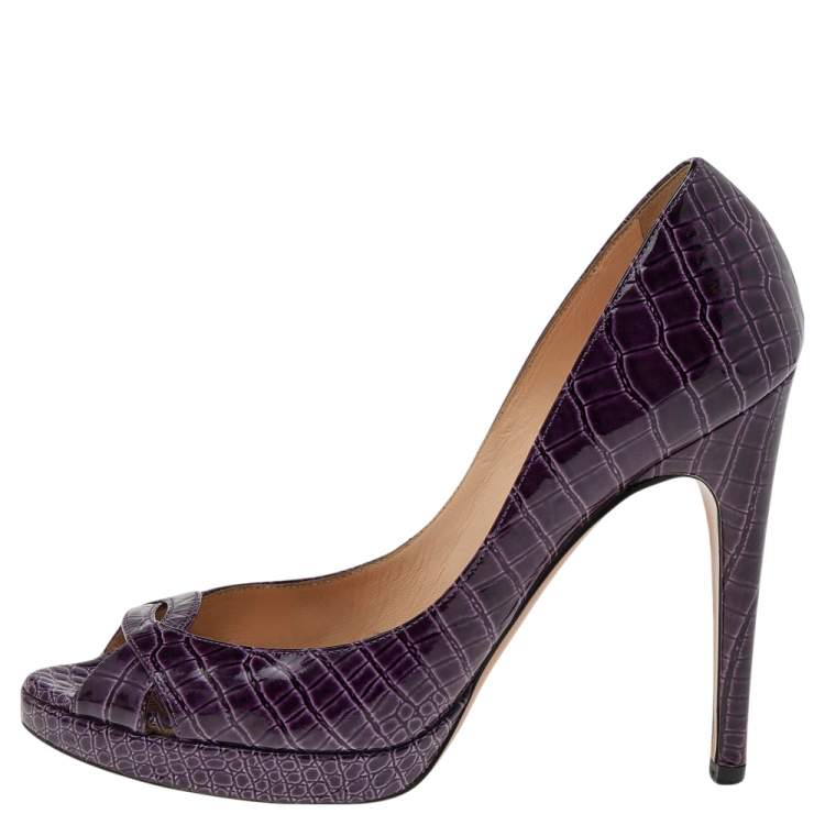 Pre Owned Casadei Purple Croc Embossed Patent Leather Peep Toe Pumps Size 38