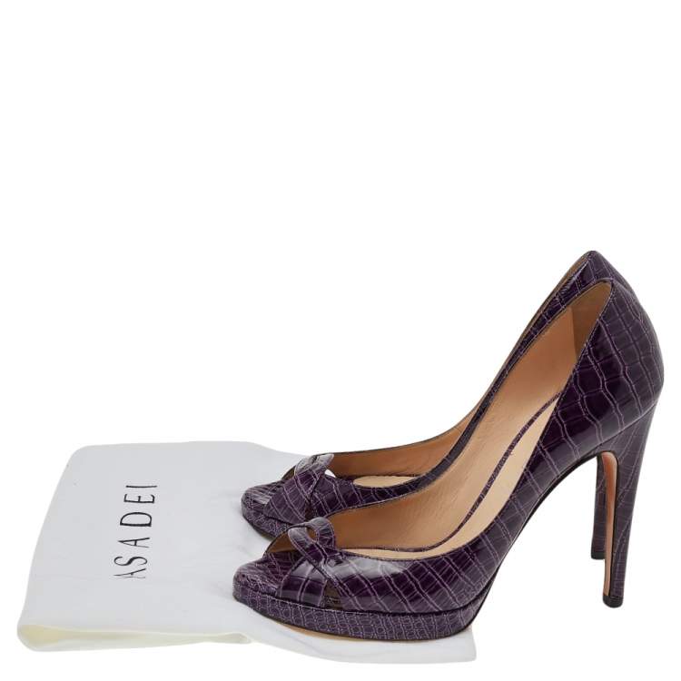 Pre Owned Casadei Purple Croc Embossed Patent Leather Peep Toe Pumps Size 38