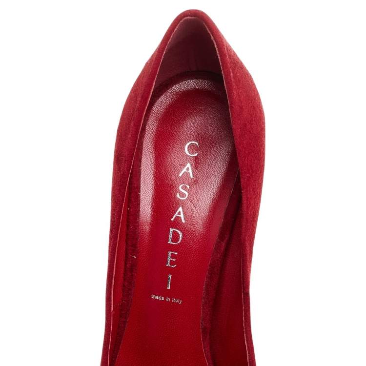 Pre Owned Casadei Red Suede Pointed Toe Pumps Size 37.5