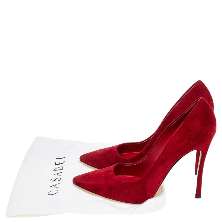 Pre Owned Casadei Red Suede Pointed Toe Pumps Size 37.5