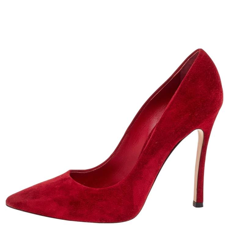 Pre Owned Casadei Red Suede Pointed Toe Pumps Size 37.5