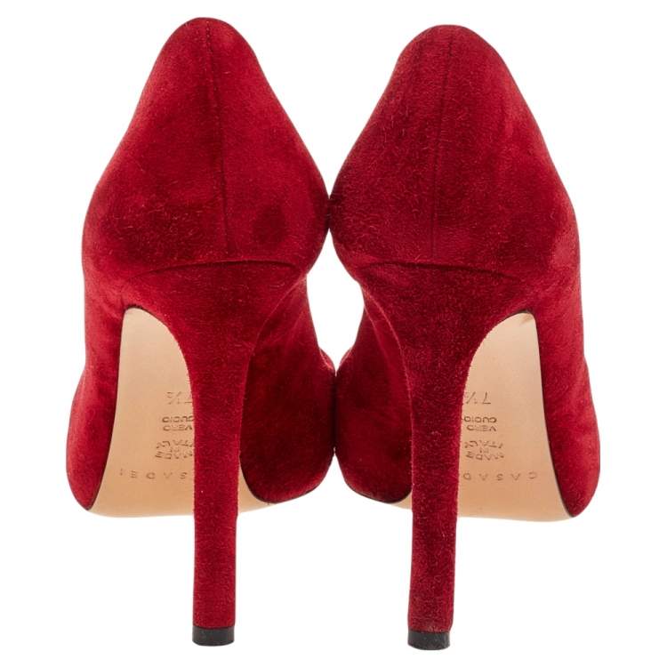 Pre Owned Casadei Red Suede Pointed Toe Pumps Size 37.5