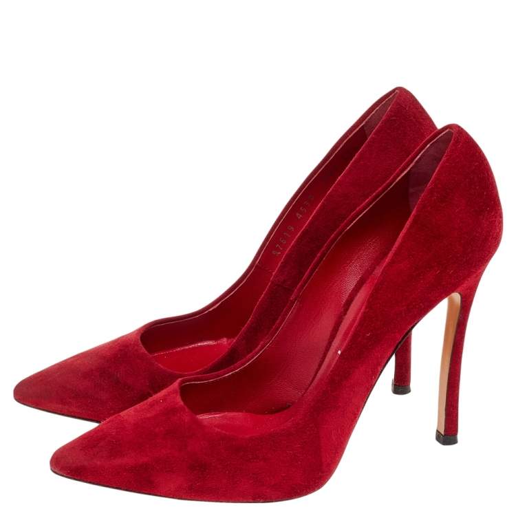 Pre Owned Casadei Red Suede Pointed Toe Pumps Size 37.5