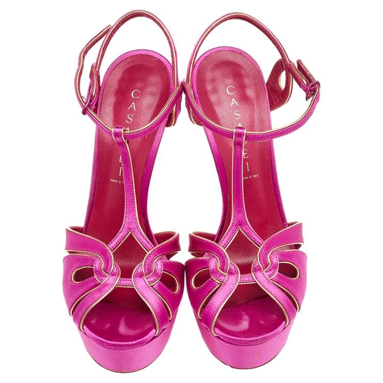 Pre Owned Casadei Pink Satin T Strap Open Toe Platform Sandals Size 38.5