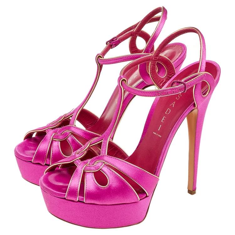 Pre Owned Casadei Pink Satin T Strap Open Toe Platform Sandals Size 38.5