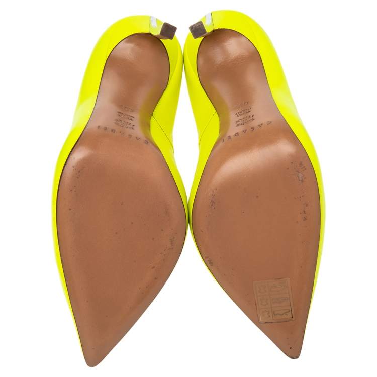 Pre Owned Casadei Neon Yellow Leather Blade Heel Pumps Size 36.5
