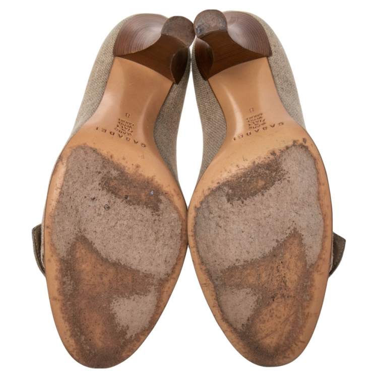 Pre Owned Casadei Beige Leather And Canvas Buckle Detail Metal Cap Toe Pumps Size 38