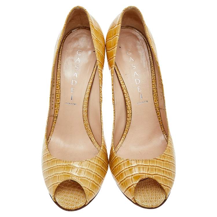 Pre Owned Casadei Beige Croc Embossed Patent Leather Peep Toe Pumps Size 37.5