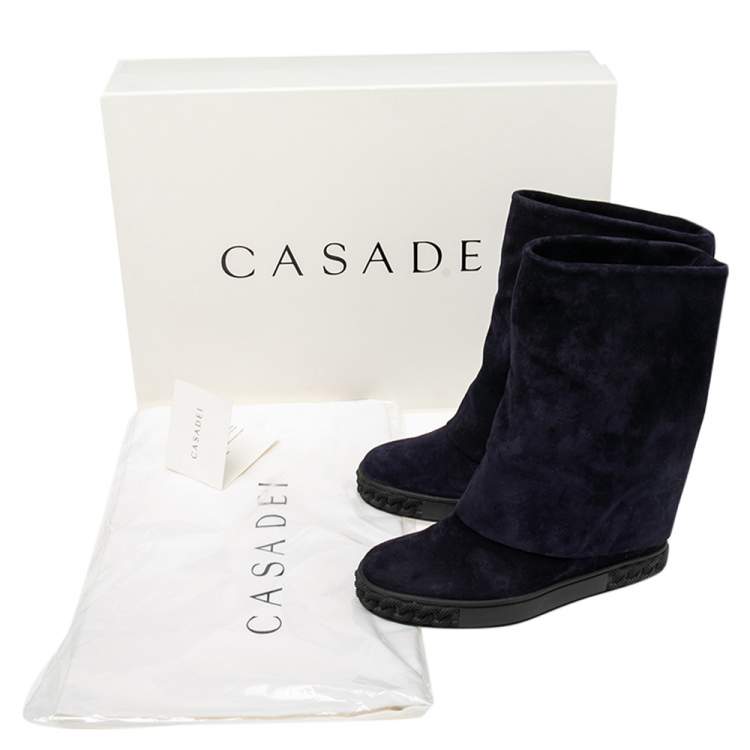 Pre Owned Casadei Navy Blue Suede Renna Gotham Wedge Ankle Boots Size 37