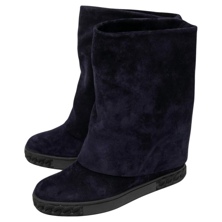 Pre Owned Casadei Navy Blue Suede Renna Gotham Wedge Ankle Boots Size 37