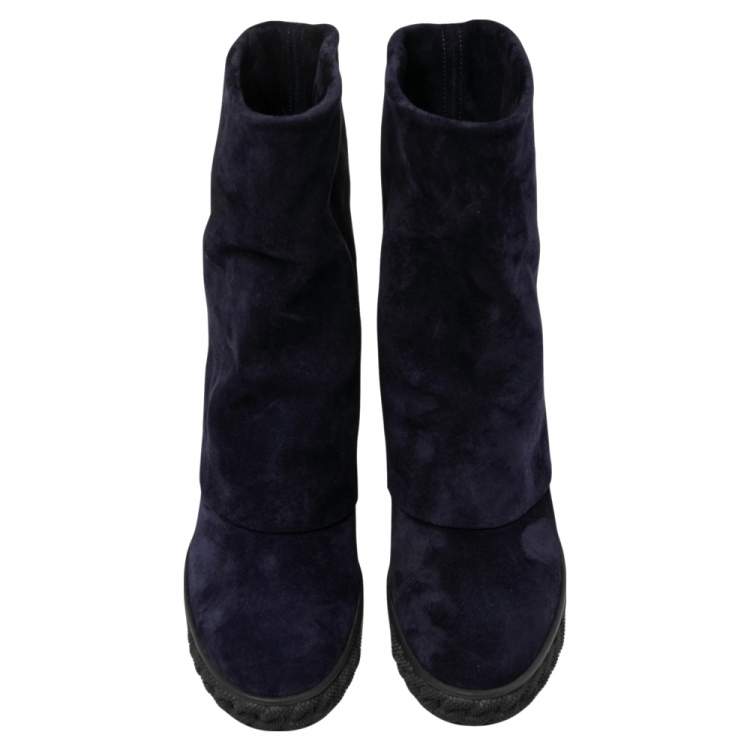 Pre Owned Casadei Navy Blue Suede Renna Gotham Wedge Ankle Boots Size 37