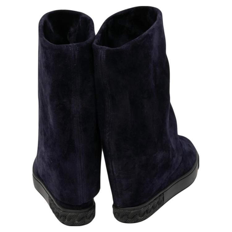 Pre Owned Casadei Navy Blue Suede Renna Gotham Wedge Ankle Boots Size 37