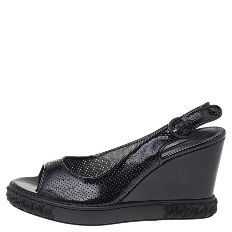 Pre Owned Casadei Black Patent Leather Wedge Ankle Strap Sandals Size 38