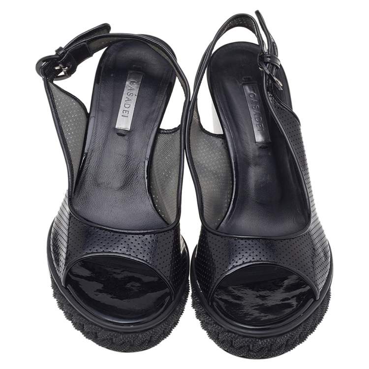 Pre Owned Casadei Black Patent Leather Wedge Ankle Strap Sandals Size 38