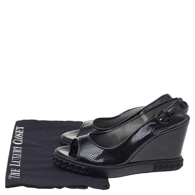 Pre Owned Casadei Black Patent Leather Wedge Ankle Strap Sandals Size 38