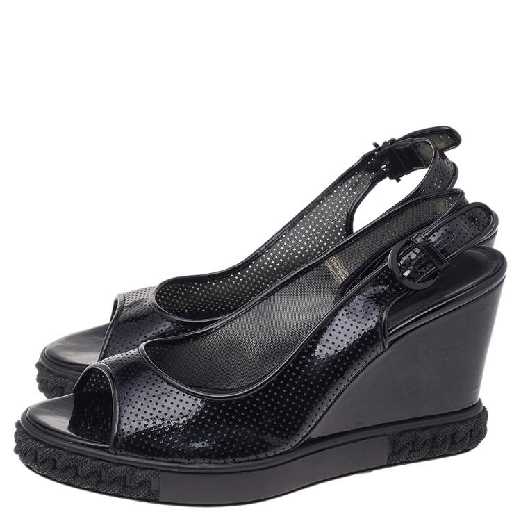 Pre Owned Casadei Black Patent Leather Wedge Ankle Strap Sandals Size 38