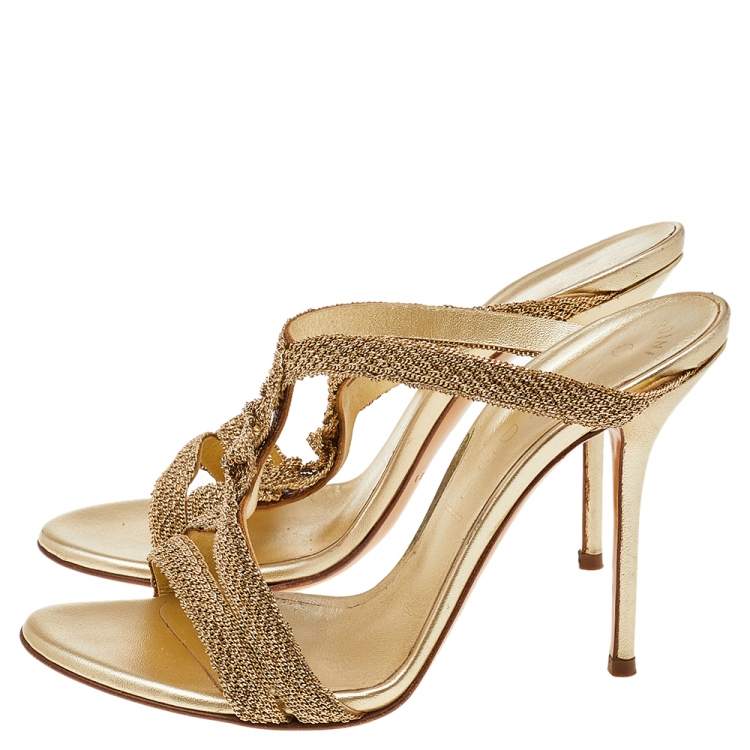 Pre Owned Casadei Gold Tone Metal Slide Sandals Size 36