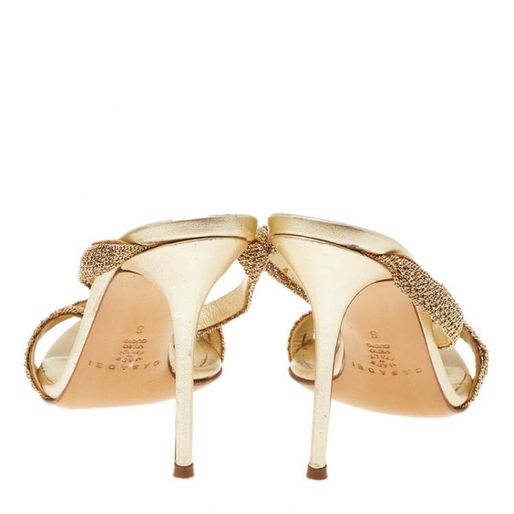 Pre Owned Casadei Gold Tone Metal Slide Sandals Size 36