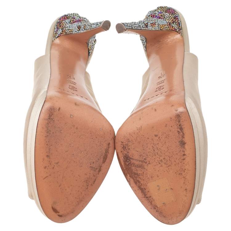Pre Owned Casadei Beige Satin Crystal Embellished Heel Peep Toe Slingback Sandals Size 38.5