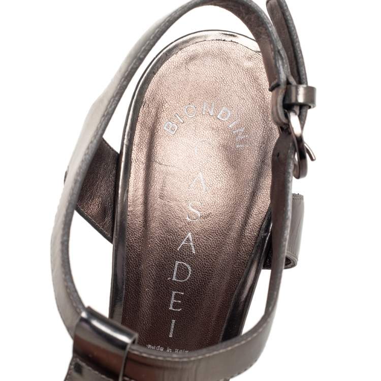 Pre Owned Casadei Metallic Grey Leather T-Strap Open Toe Platform Sandals Size 39