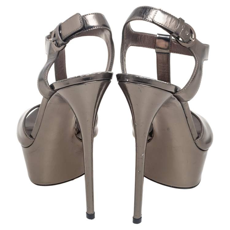 Pre Owned Casadei Metallic Grey Leather T-Strap Open Toe Platform Sandals Size 39