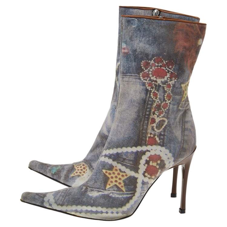 Pre Owned Casadei Multicolor Printed Fabric Ankle Length Boots Size 41
