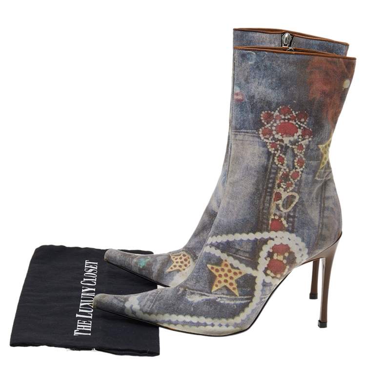 Pre Owned Casadei Multicolor Printed Fabric Ankle Length Boots Size 41