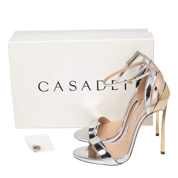 Pre Owned Casadei Silver/Gold Foil Leather Techno Blade Ankle Strap Sandals Size 37