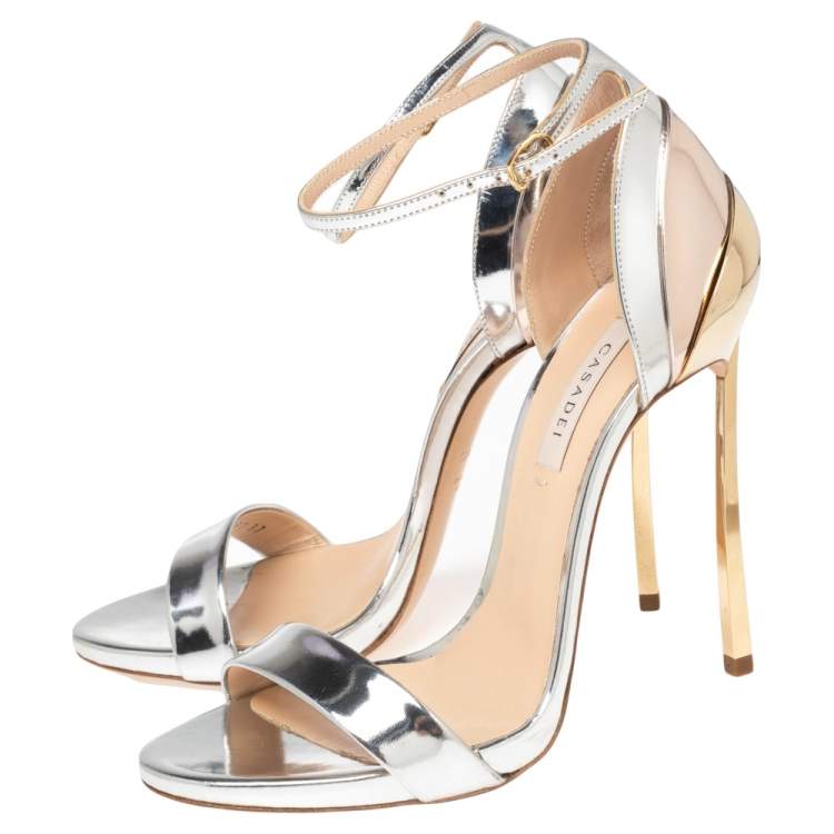 Pre Owned Casadei Silver/Gold Foil Leather Techno Blade Ankle Strap Sandals Size 37