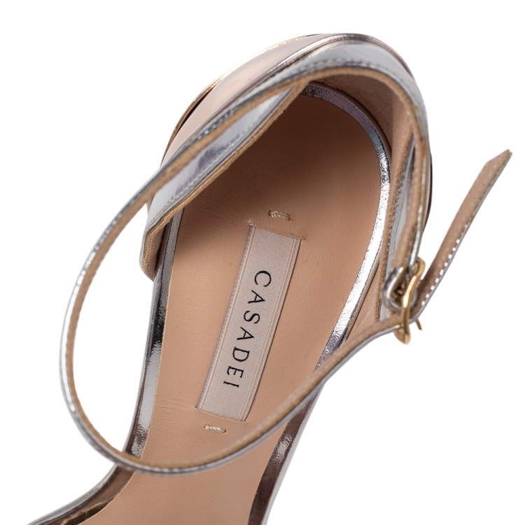 Pre Owned Casadei Silver/Gold Foil Leather Techno Blade Ankle Strap Sandals Size 37