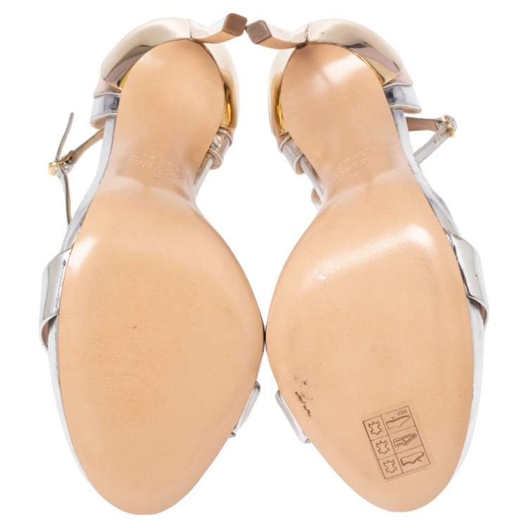 Pre Owned Casadei Silver/Gold Foil Leather Techno Blade Ankle Strap Sandals Size 37