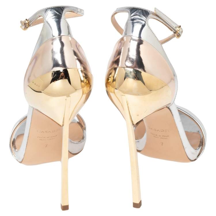 Pre Owned Casadei Silver/Gold Foil Leather Techno Blade Ankle Strap Sandals Size 37