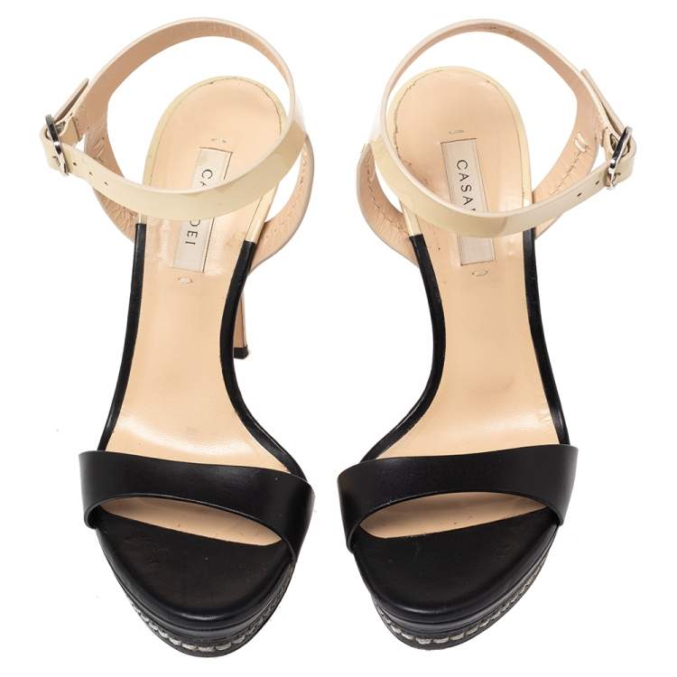 Pre Owned Casadei Black/Cream Patent And  Leather Ankle Strap Platform Sandals Size 37