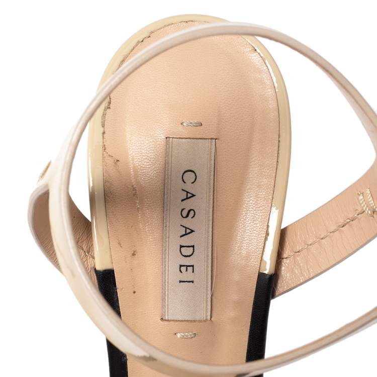 Pre Owned Casadei Black/Cream Patent And  Leather Ankle Strap Platform Sandals Size 37