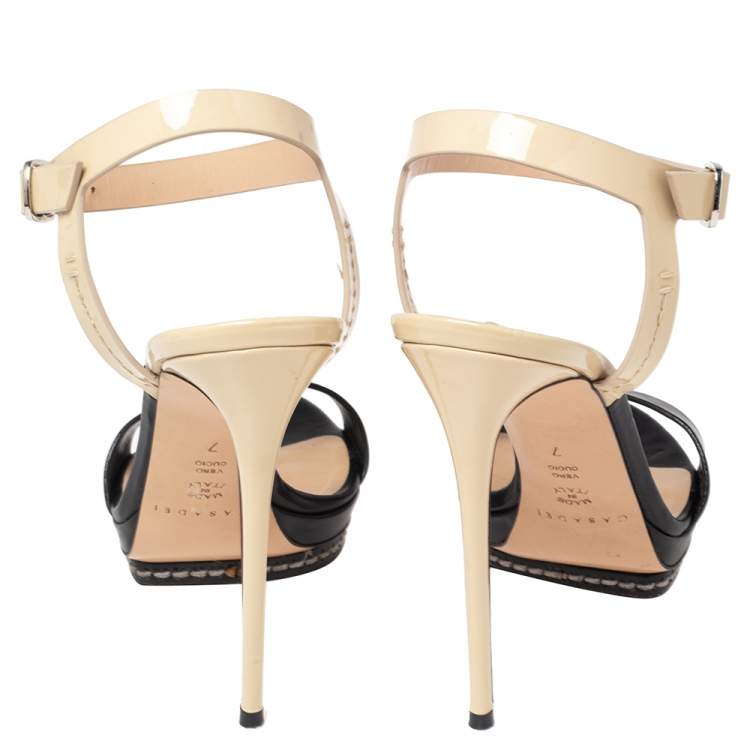 Pre Owned Casadei Black/Cream Patent And  Leather Ankle Strap Platform Sandals Size 37