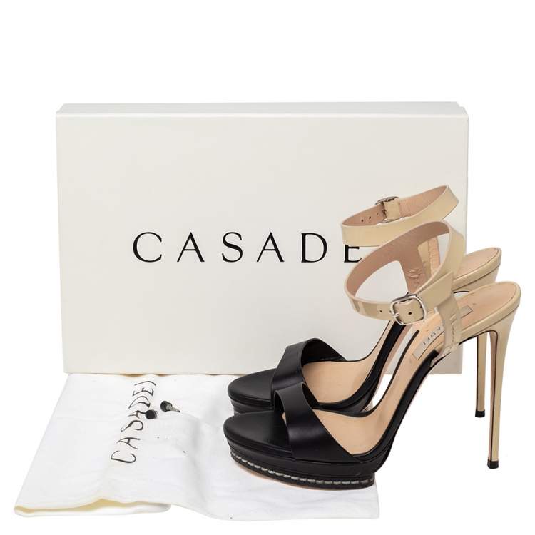 Pre Owned Casadei Black/Cream Patent And  Leather Ankle Strap Platform Sandals Size 37
