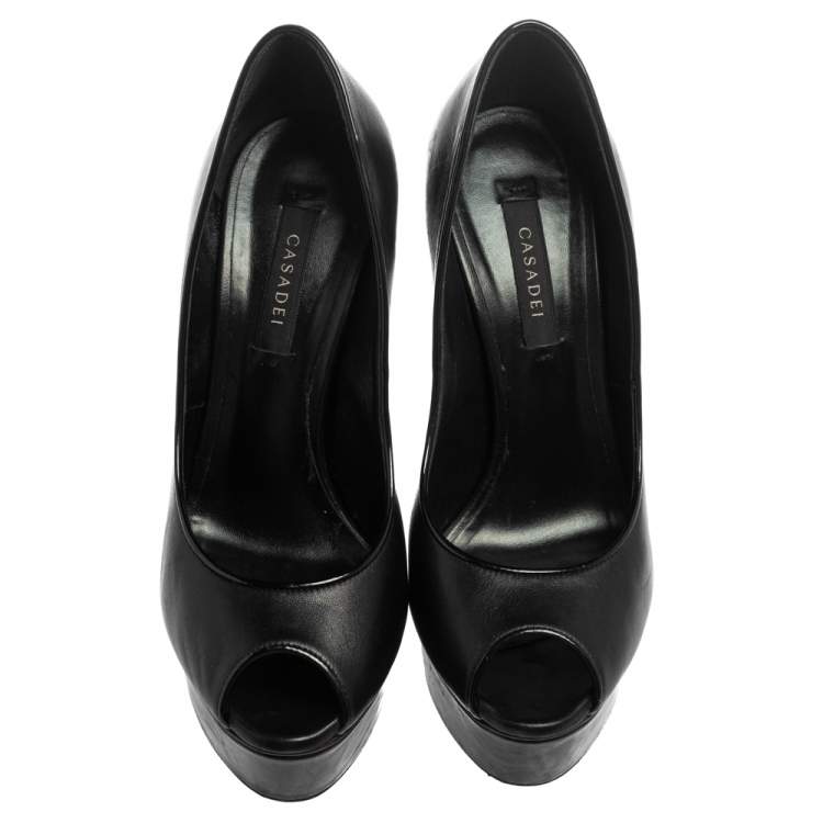 Pre Owned Casadei Black Leather  Peep Toe Platform Pumps Size 36