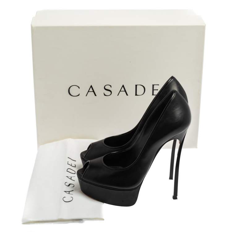 Pre Owned Casadei Black Leather  Peep Toe Platform Pumps Size 36