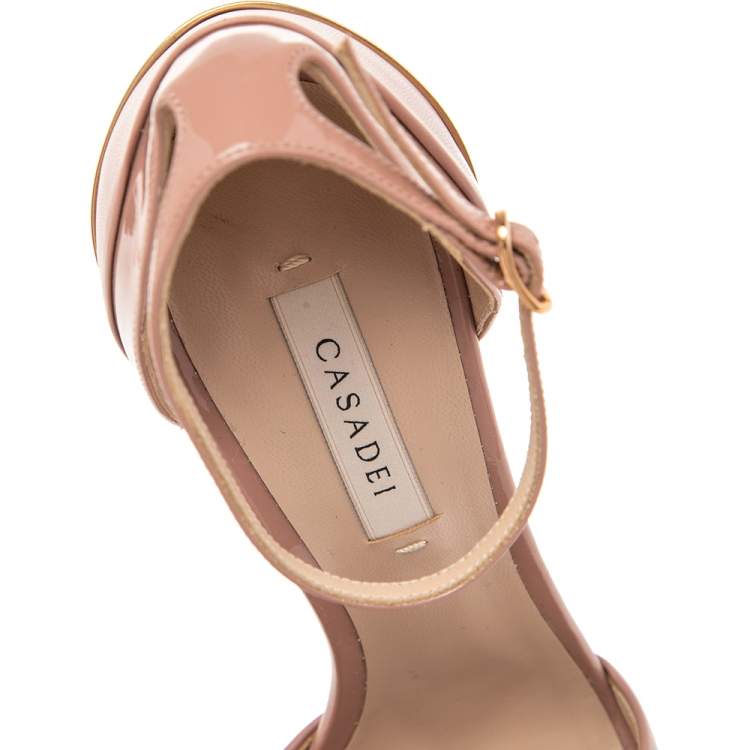 مملوكة مسبقًا Casadei Beige Leather Cross Ankle Strap  Platform Sandals Size 37