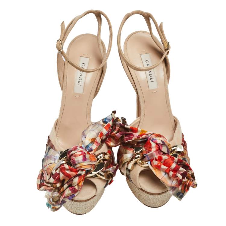 Pre Owned Casadei Beige Suede Chain and Satin Bow Detail Platform Sandals Size 37