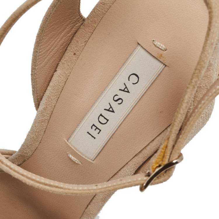 Pre Owned Casadei Beige Suede Chain and Satin Bow Detail Platform Sandals Size 37