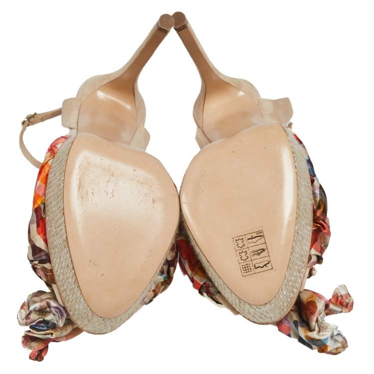Pre Owned Casadei Beige Suede Chain and Satin Bow Detail Platform Sandals Size 37