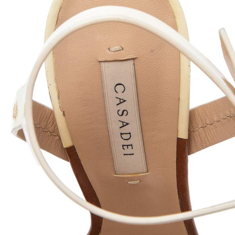Pre Owned Casadei Brown/Cream Patent And  Leather Ankle Strap Platform Sandals Size 37