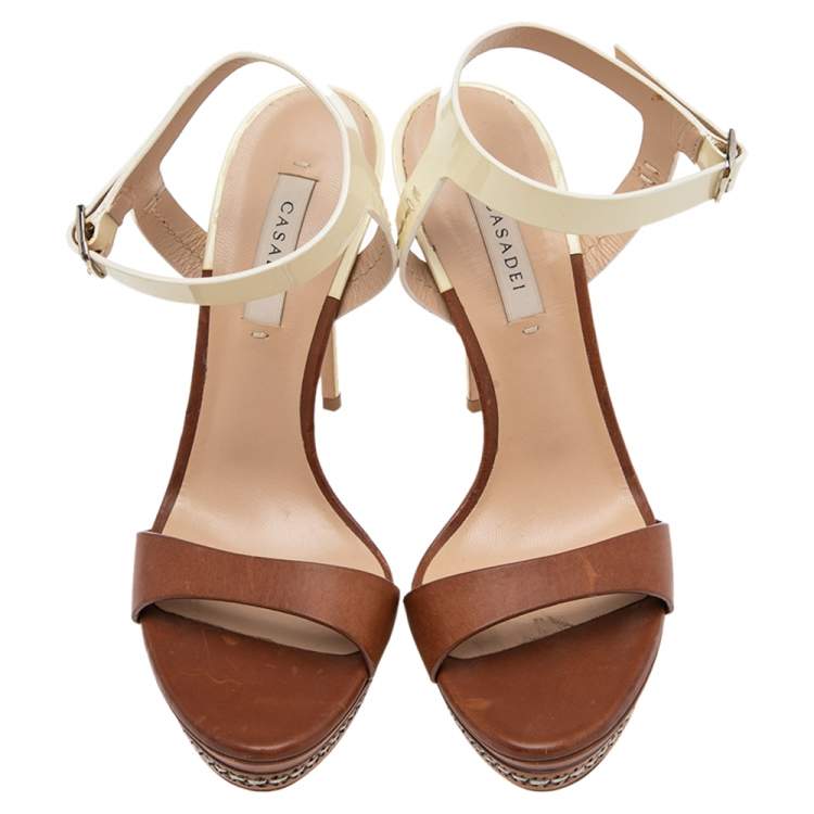 Pre Owned Casadei Brown/Cream Patent And  Leather Ankle Strap Platform Sandals Size 37