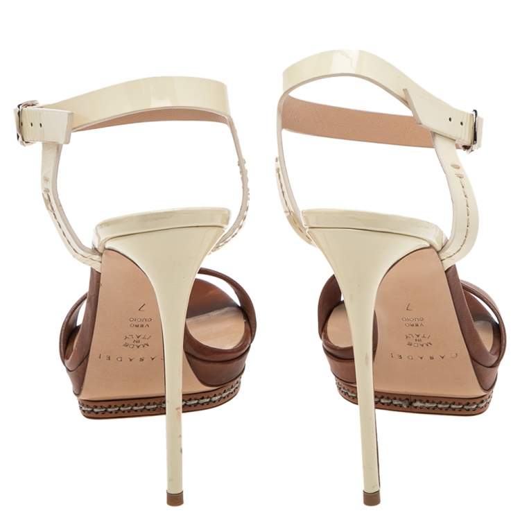 Pre Owned Casadei Brown/Cream Patent And  Leather Ankle Strap Platform Sandals Size 37