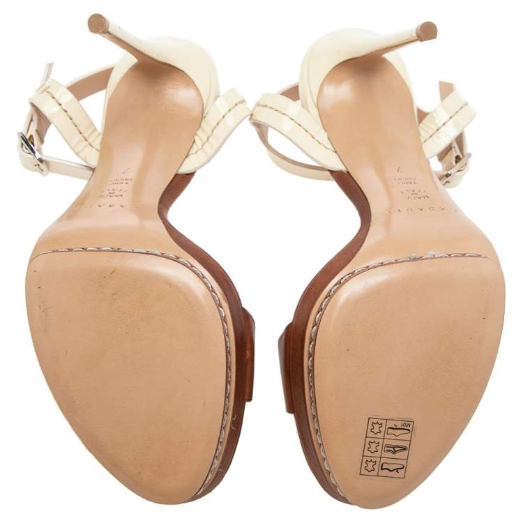 Pre Owned Casadei Brown/Cream Patent And  Leather Ankle Strap Platform Sandals Size 37