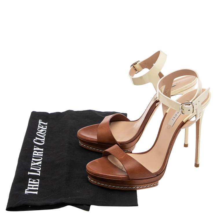 Pre Owned Casadei Brown/Cream Patent And  Leather Ankle Strap Platform Sandals Size 37