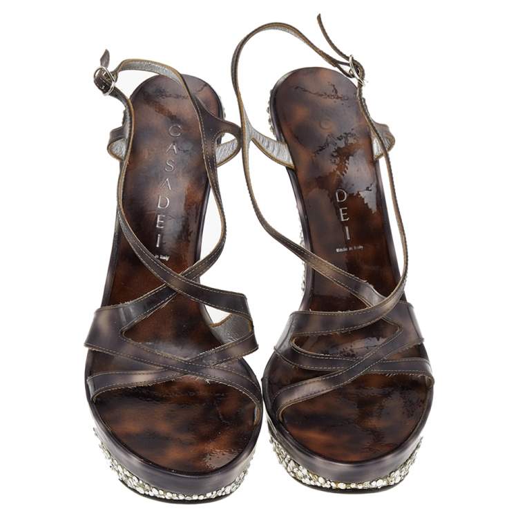 Pre Owned Casadei Brown PVC Strappy Crystal Embellished Platform Sandals Size 37